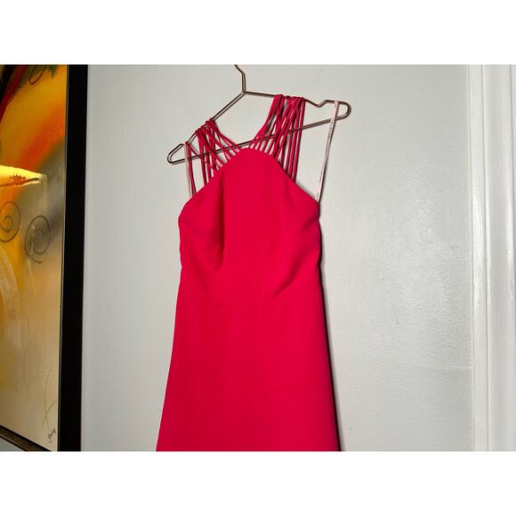 HALSTON Fuchsia Rose Pink Asymmetrical Hemline Multi-Strap Halter Drees size 2 - Picture 10 of 16